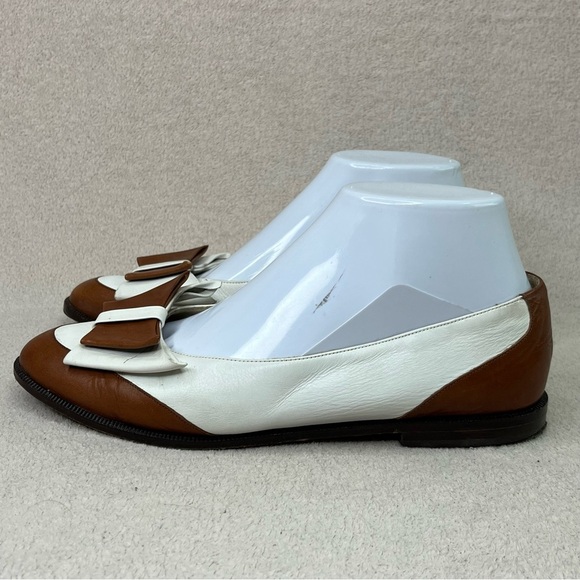 Vintage Bertie Leather Bow Flats Loafers-Cream/Brown-Women’s 7-Vtg-Retro-Classic - Picture 2 of 13